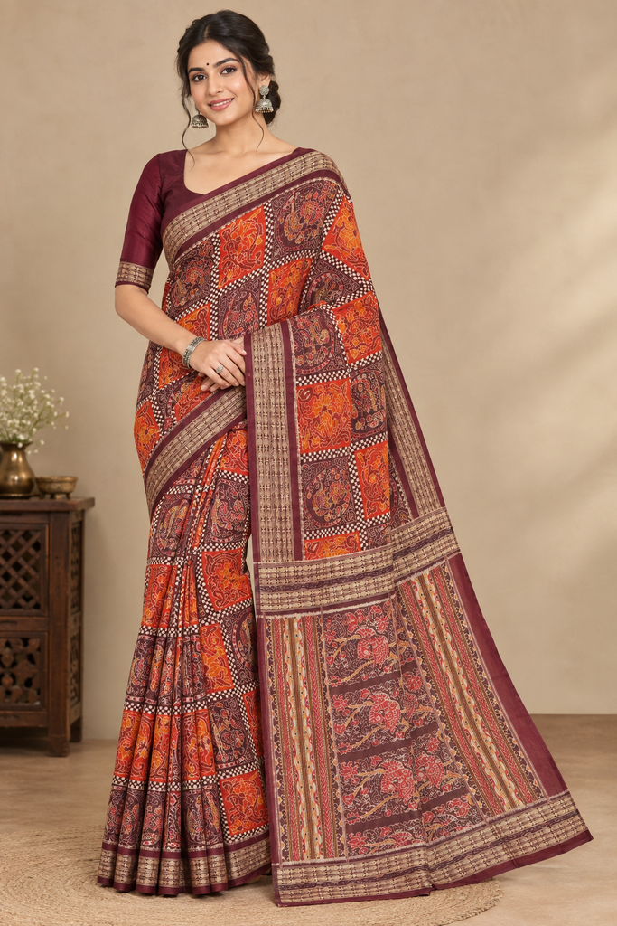 Maroon & Orange Sambalpuri Bandha Ikat Saree
