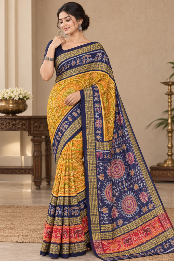 Royal Navy Mustard Bandha Sambalpuri Saree