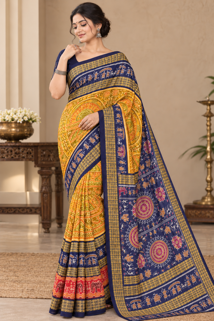 Royal Navy Mustard Bandha Sambalpuri Saree