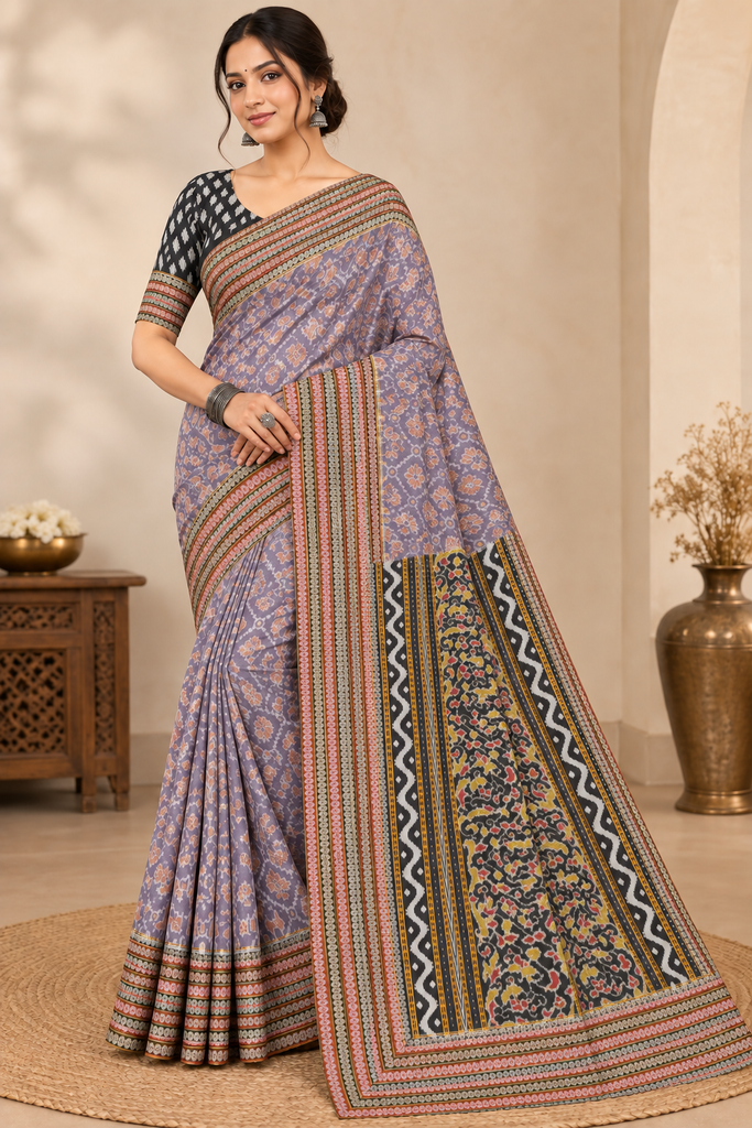 Lavender Heritage Bandha Sambalpuri Saree with Black Multicolor Pallu