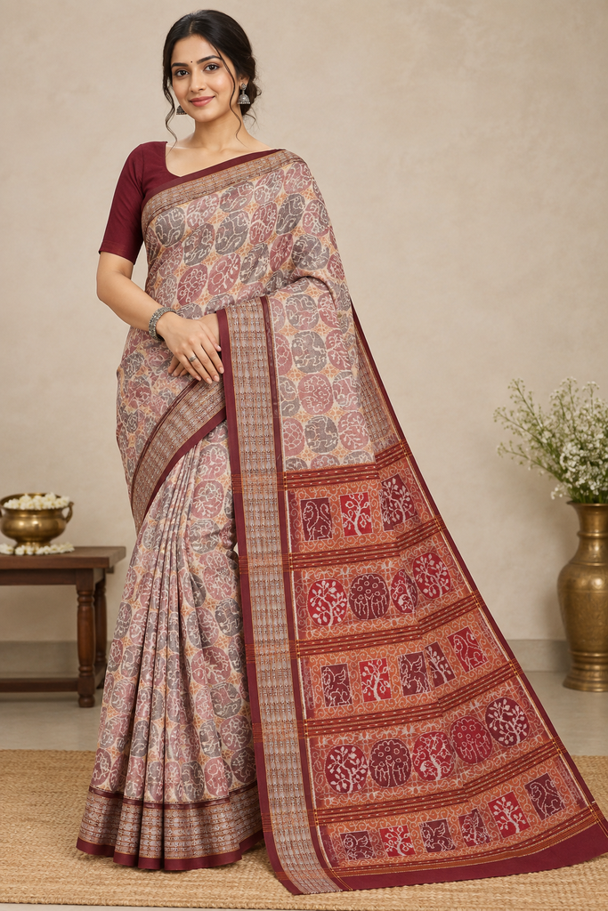 Maroon Blossom Bandha Sambalpuri Saree