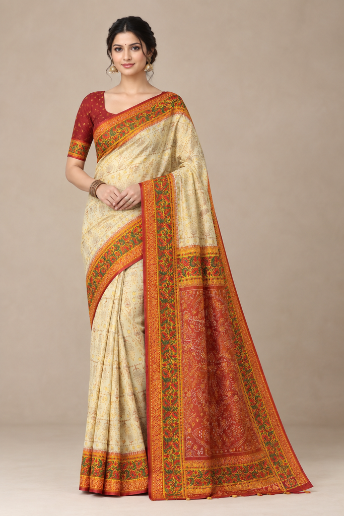 Cream & Maroon Sambalpuri Heritage Saree with Floral Ikat Pallu